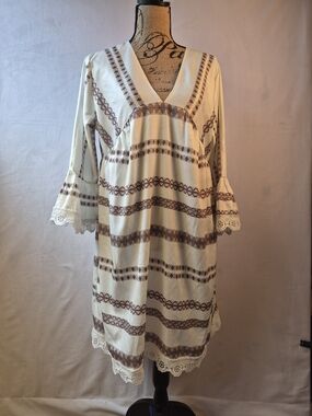 Boho Lace-Trim Midi Dress in Cream with Brown Geometric Stripes Size XL